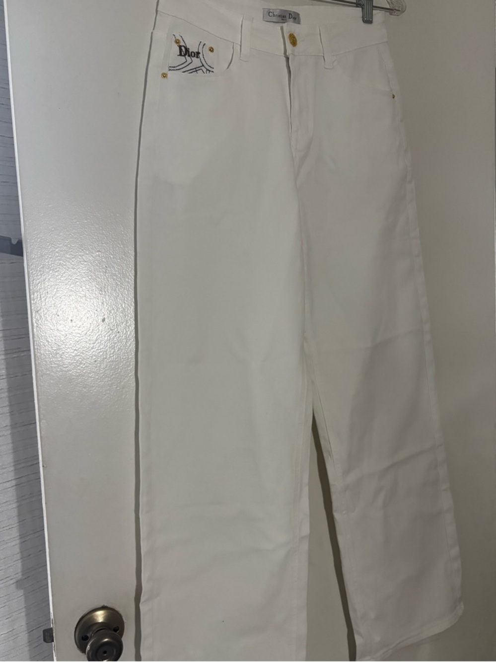 CD White Wide-Leg Jeans with Gold Hardware